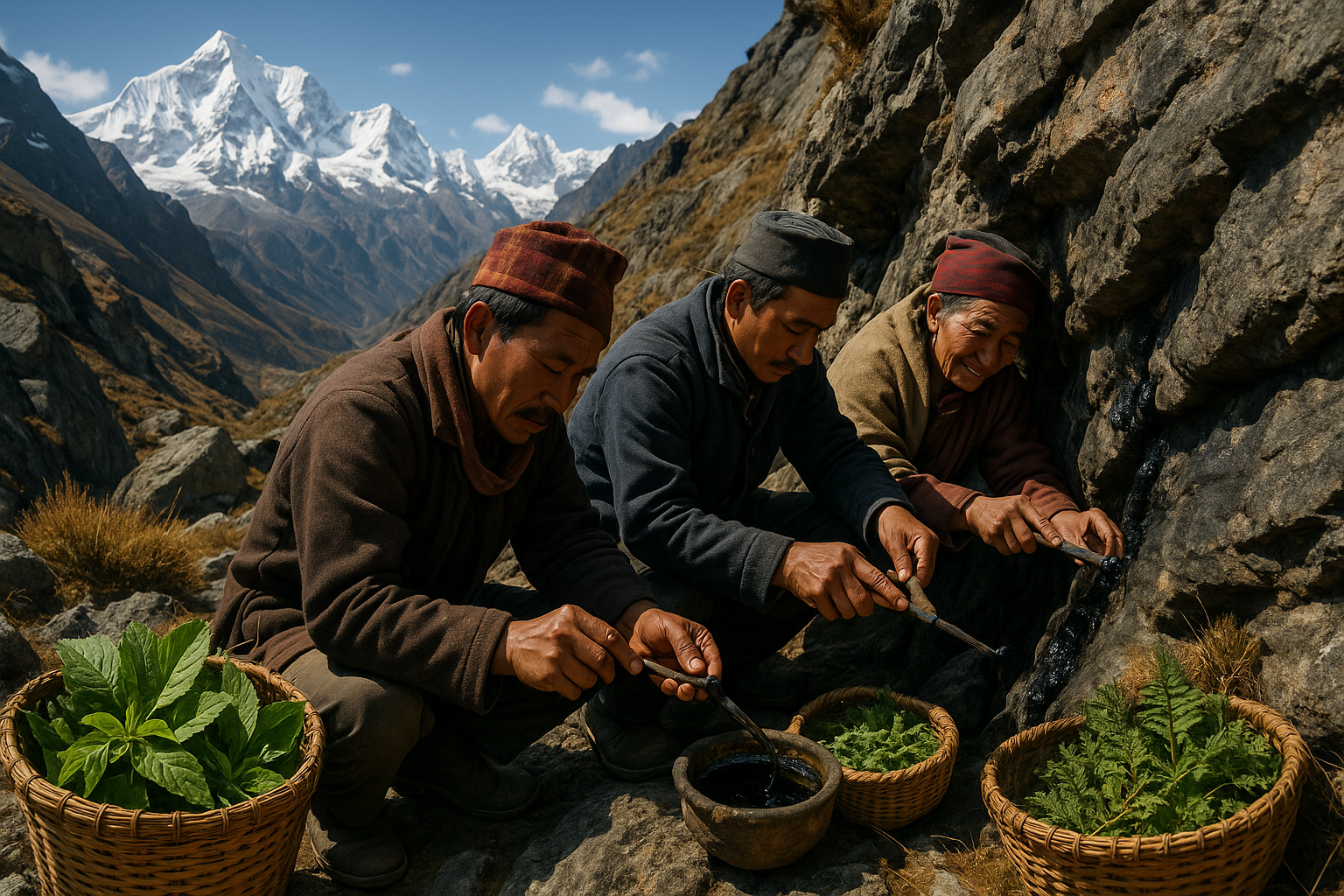 create an image of people next to plants with a detailed background of the himalayas , they are extracting shilajit pure resin and have bags of herbal leaves next to the people and make sure they look nepali 